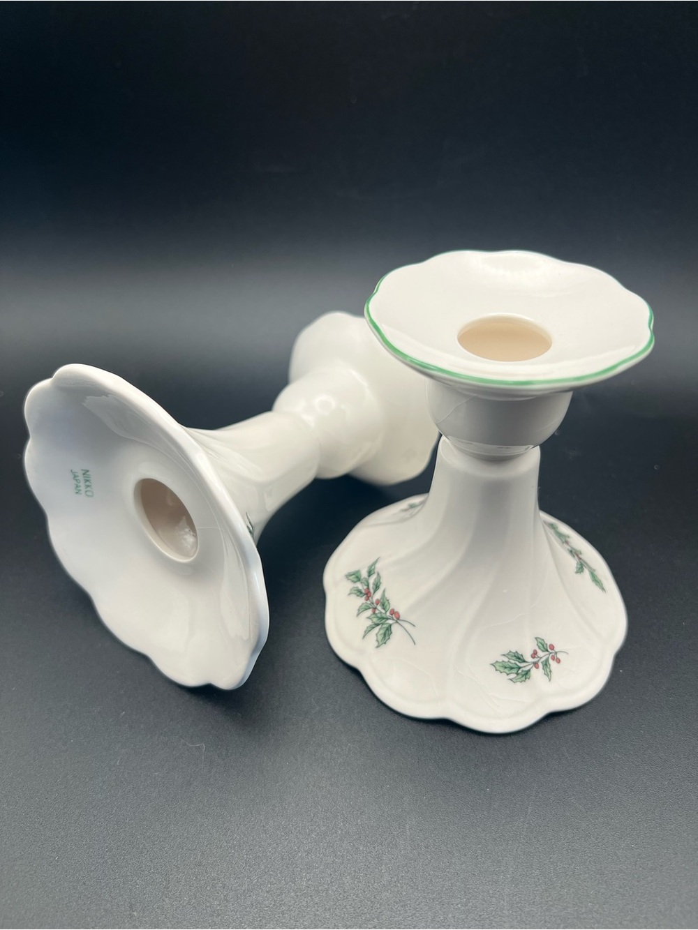 🎄Nikko Christmastime Octagon Holly Candle Holders Set - As Is Vintage